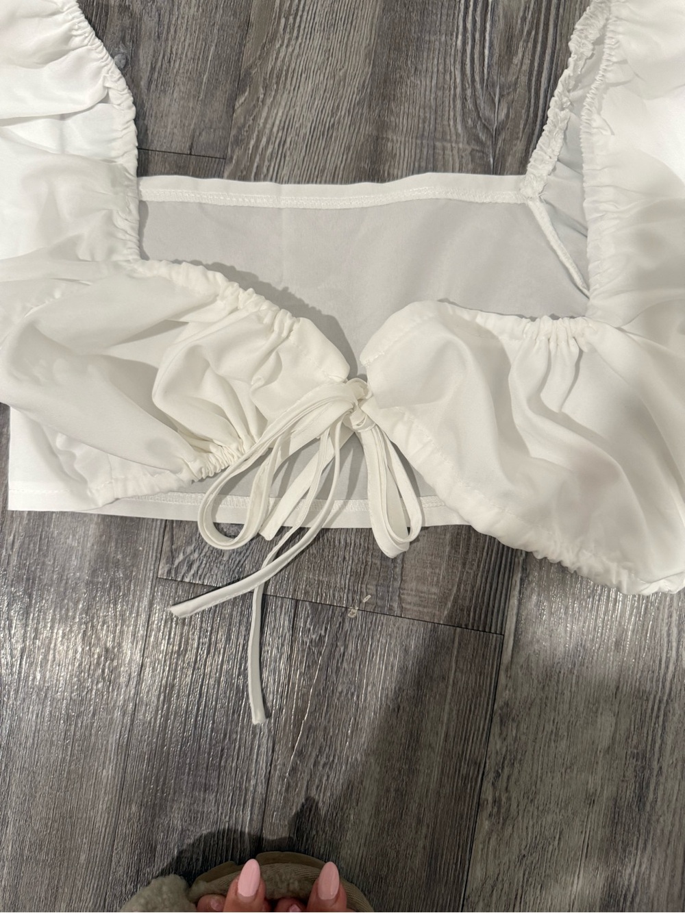 Boho White Puff Sleeve Tie Front Crop Top - Picture 3 of 5